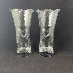 Set Of 2 Vintage Anchor Hocking Dimpled Heart Scalloped Edge Clear Glass Vase
